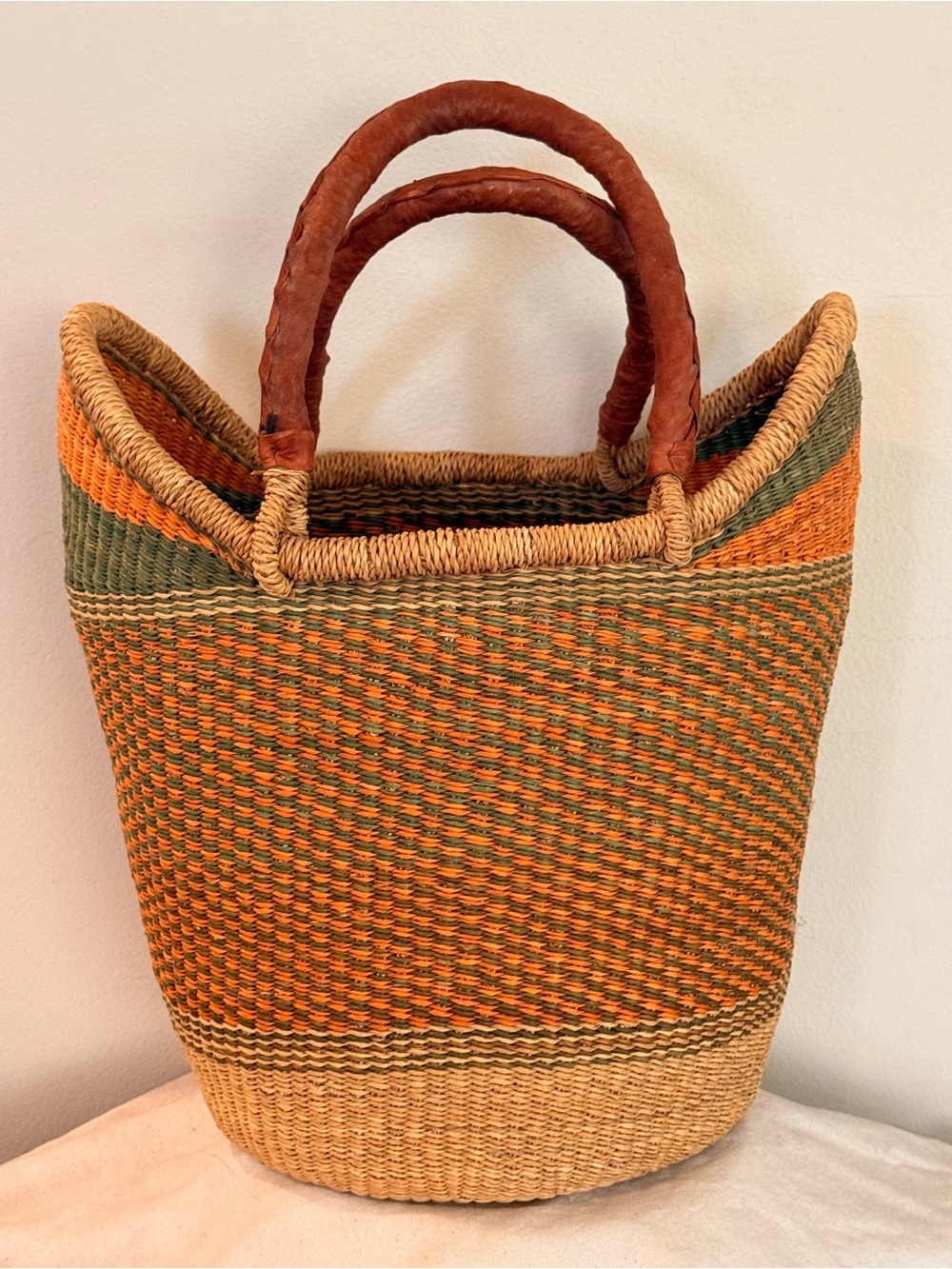 Handwoven African Straw Tote in Orange, Green and Natural with Leather Handles - Picture 3 of 11